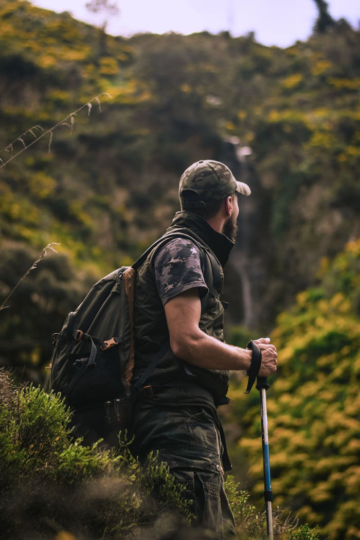 The Art of Drawing Readers In: Your attractive post title goes here Man with hiking gear explores lush forest landscape, embodying adventure and nature.